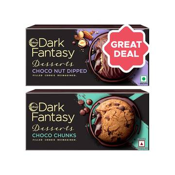 Sunfeast Dark Fantasy Desserts Choconut Dipped Cookies + Desserts Choco Chunks Cookies Combo